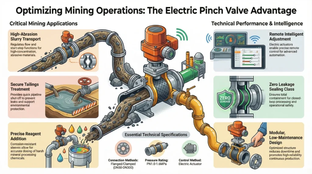 Infographic of electric pinch valve applications in mining, highlighting slurry transport and remote control.