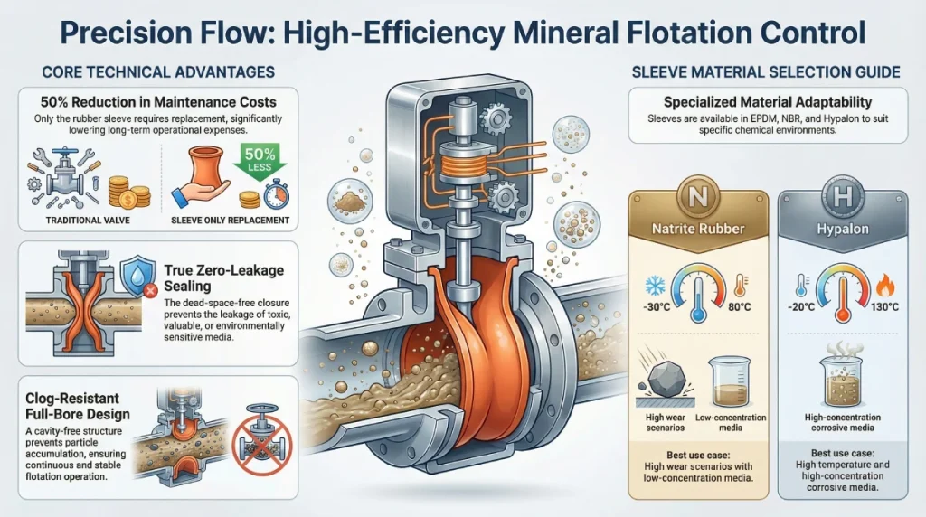Technical specifications of an electric pinch valve for mineral flotation, featuring sleeve material guides.
