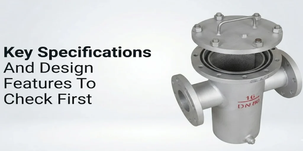 Internal stainless steel mesh screen and bolted cover design of a strainer basket type for heavy-duty fluid filtration.